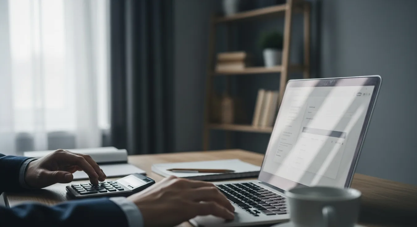 Človek pri stole s kalkulačkou a dokumentmi počíta výdavky pred žiadosťou o pôžičku