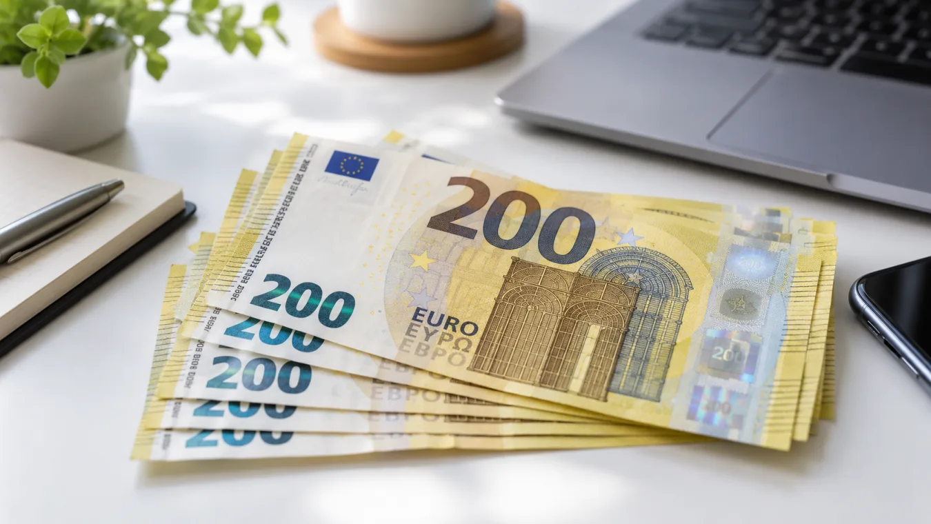 Dvestoeurové bankovky na stole vedľa notebooku - ilustračná fotografia k článku o pôžičke 200 eur