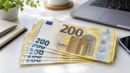 Dvestoeurové bankovky na stole vedľa notebooku - ilustračná fotografia k článku o pôžičke 200 eur