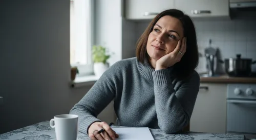 Žena drží kalkulačku a pozerá na zmluvu na stole