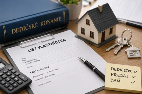 List vlastníctva s časťou C Ťarchy, model domu, kľúče a kniha o dedičskom konaní na stole